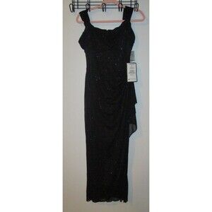 Alex Evenings Womens Sz 4P Cold-Shoulder Draped Metallic Gown Black Wedding